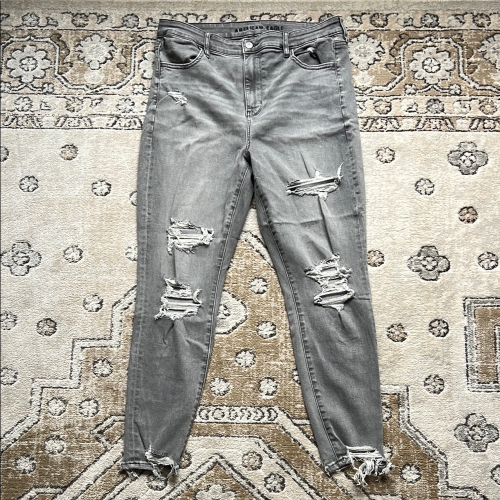 American Eagle Outfitters Gray Skinny Jeans with Distressed Details